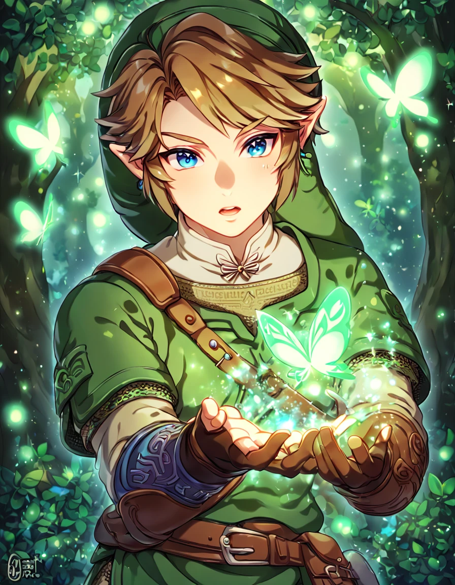 absurdres, highres, ultra detailed, HDR, master piece, best quality, extremely detailed, Link, brown hair, expressive blue eyes, The Legend Of Zelda Twilight Princess, solo, sexy man, sensual, handsome, green tunic, green hat, brown gauntlets, under a green tree, fantasy, magical, glittering fireflies, green butterflies, green flames, glass magic, green leaves