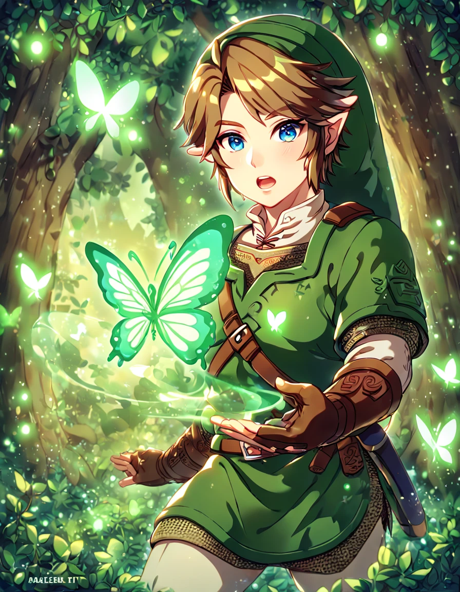 absurdres, highres, ultra detailed, HDR, master piece, best quality, extremely detailed, Link, brown hair, expressive blue eyes, The Legend Of Zelda Twilight Princess, solo, sexy man, sensual, handsome, green tunic, green hat, brown gauntlets, under a green tree, fantasy, magical, glittering fireflies, green butterflies, green flames, glass magic, green leaves