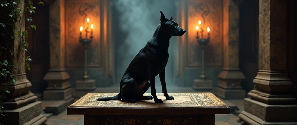 give me 1 dog on mystical temple table from the 1800s in black colors