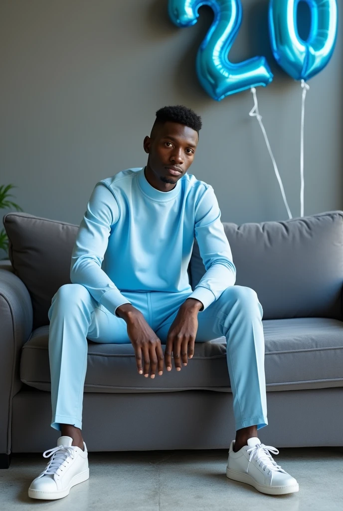 best qualityer:1.4), (ultra high resolution:1.2), (photorrealistic:1.4), (8k, CRU photo:1.2), a thin young man of 20 years old, skin black, with a smooth, beardless face, with short hair with shaved sides and a low top, similar to the fade or taper haircut style, baby blue long sleeve turtleneck shirt. Baby blue dress pants. White sneakers. He is sitting on a gray sofa. You are in a photography studio with a gray background. On the wall there are blue balloons shaped like the number 20.