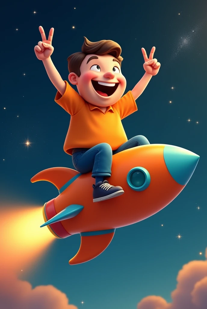 create a man with an orange shirt and a big head, sitting on top of an orange space rocket with blue, making victory sign with fingers. Pixar-style