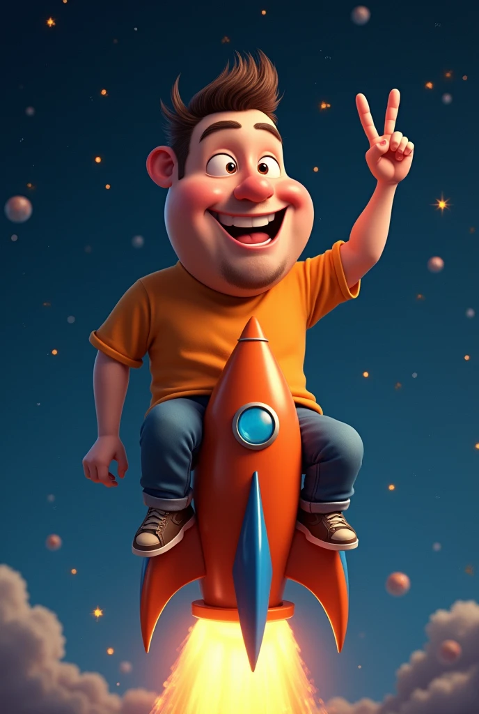 create a man with an orange shirt and a big head, sitting on top of an orange space rocket with blue, making victory sign with fingers. Pixar-style