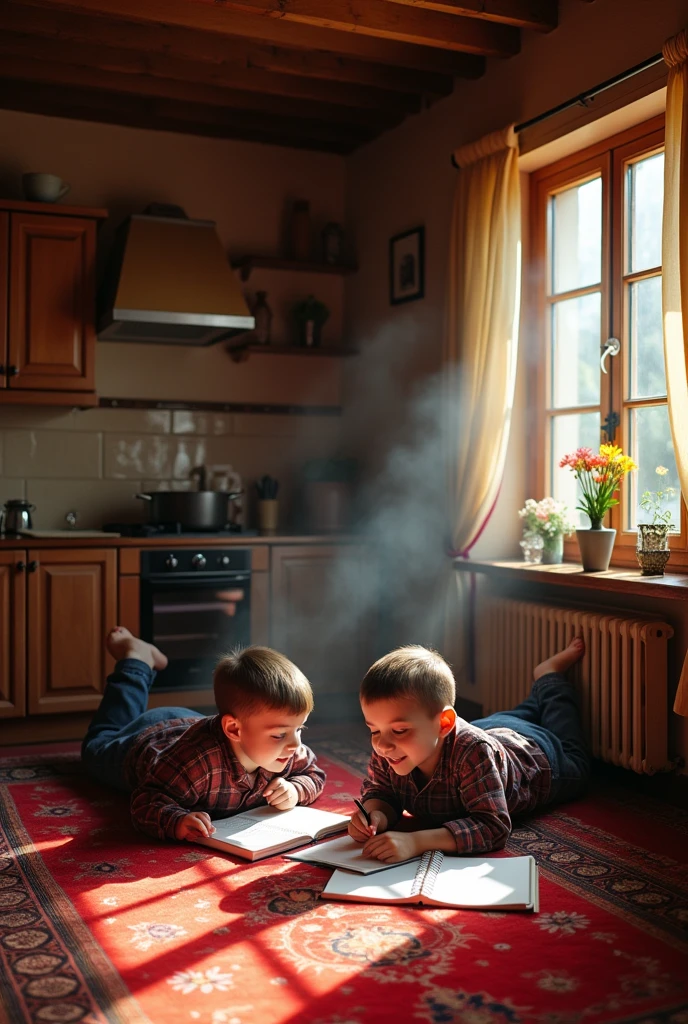 an old small nostalgic balkan house, red carpet on the wall, two boys laying on the floor and doing homework, mother preparing dinner