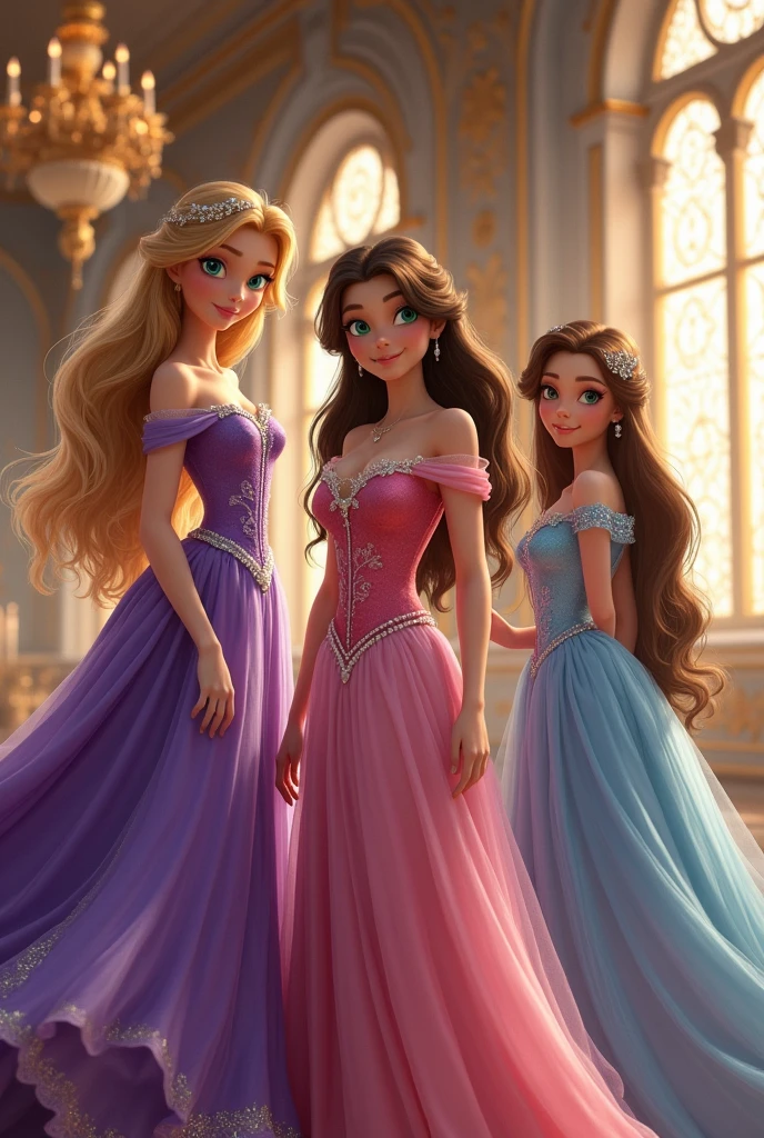 Three princesses. One has long light brown hair, green eyes, and is wearing a purple dress. The second princess had dark brown hair, green eyes, and is wearing a pink dress. The third princess had long brown hair, blue eyes, and is wearing a blue dress.