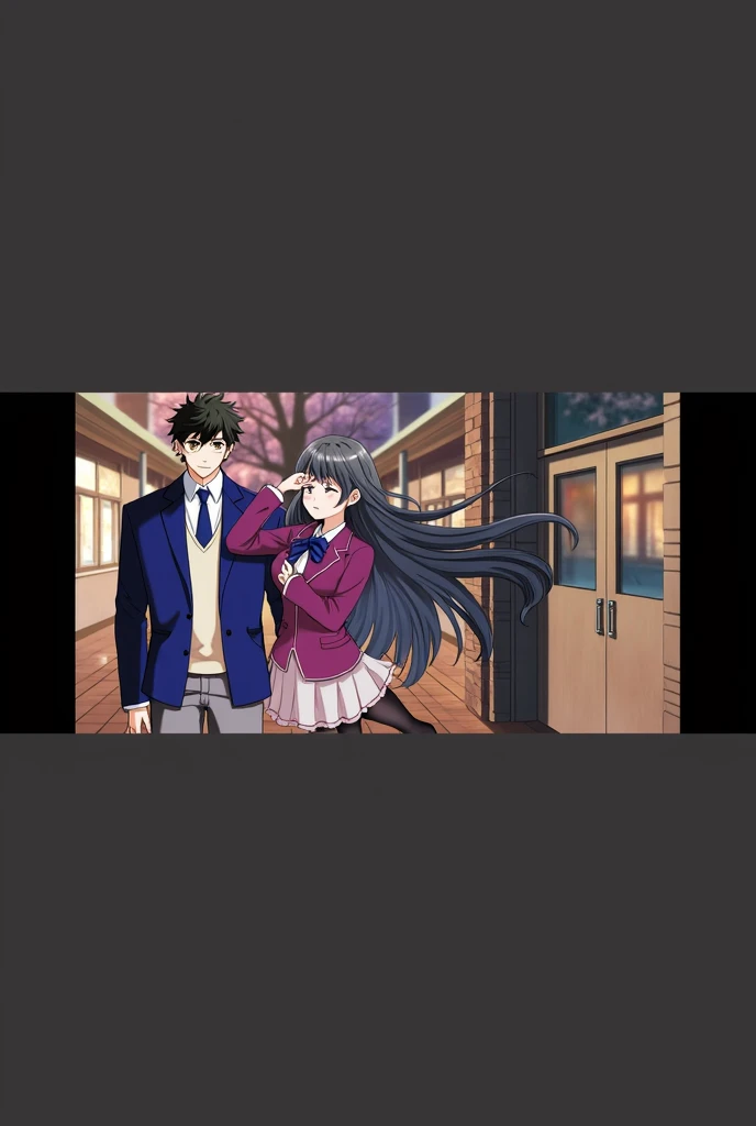 Just the same like in the image but with them kissing and the same school uniform color in the boys uniform and with him holding her and the same character designs just in 4k