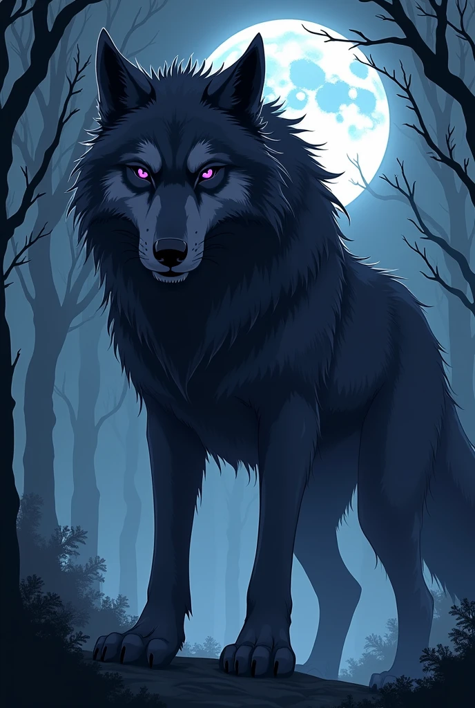 Make a beastly creature in anime style, a huge wolf with dark colored fur. The color of his eyes should be lilac and deep. The wolf must look wild and scary.