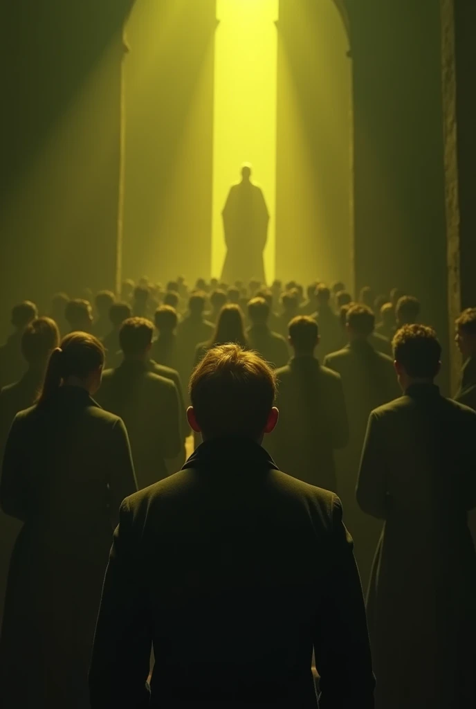 special agent leon, with blonde hair, is desperate surrounded by people praying, lighting is yellowish, dark greenish, Darkening, with deep shadows, highlighting the tension and desperation of the scene, in the background there are strange people in rural clothes in a tall ancient chapel praying to a god, 真实感, three-sided view, diffraction peaks, character graphic, uhd, precise, texturized skin, super detaill, high qualiy, best qualityer, high resolution