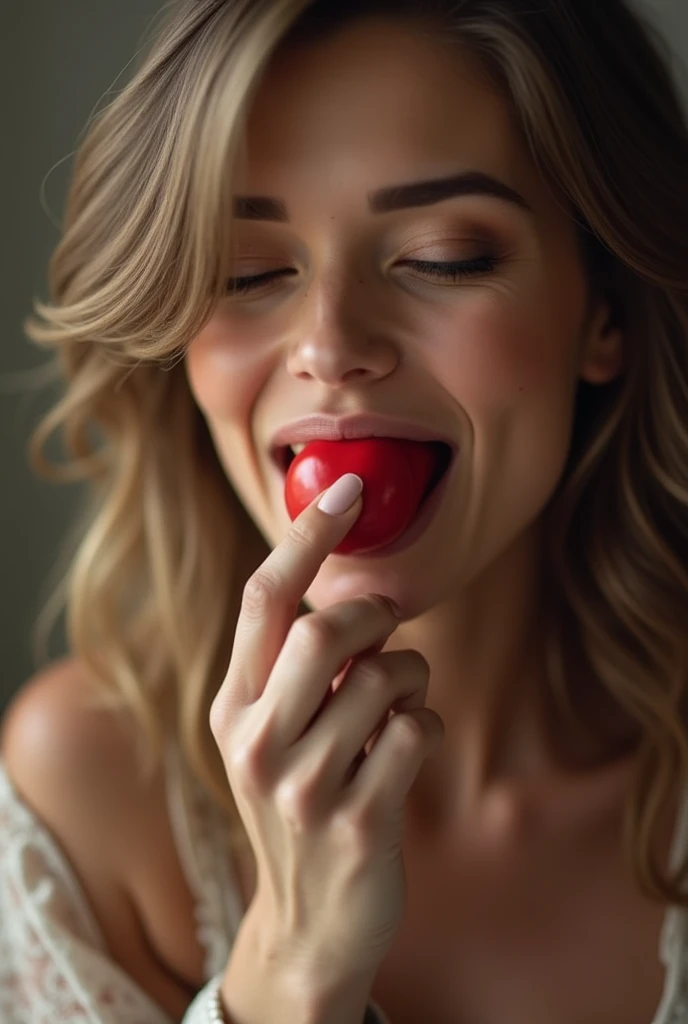 The image shows a beautiful woman eating cherries in a sensual way. She has her head tilted back while biting into the cherry. Paint of different colours is dripping all over her body.