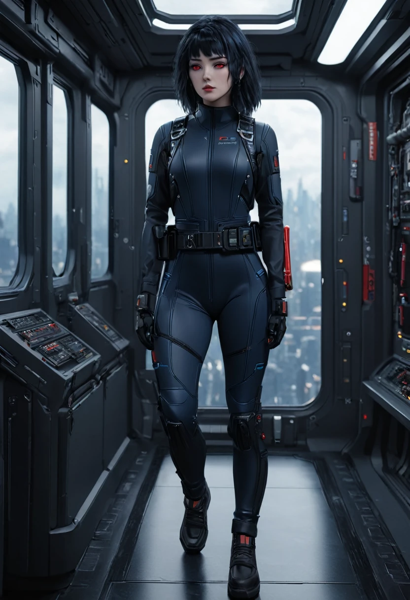 A female Chiss with deep blue skin, black hair, and red eyes, wearing a black jumpsuit, tool belt, in a full body pose, standing next to a window in the hallway of a spaceship, (best quality,4k,8k,highres,masterpiece:1.2),ultra-detailed,(realistic,photorealistic,photo-realistic:1.37),detailed cyberpunk character, hyper realistic, highly detailed face, intricate details, dramatic lighting, sci-fi, cinematic, moody atmosphere, cinematic lighting, dramatic lighting, vibrant colors, depth of field