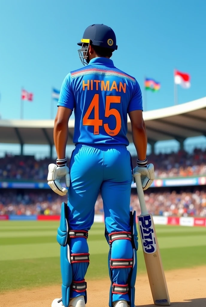 Indian cricketer in sky blue cricket jersey,on the back of whose jersey hitman 45