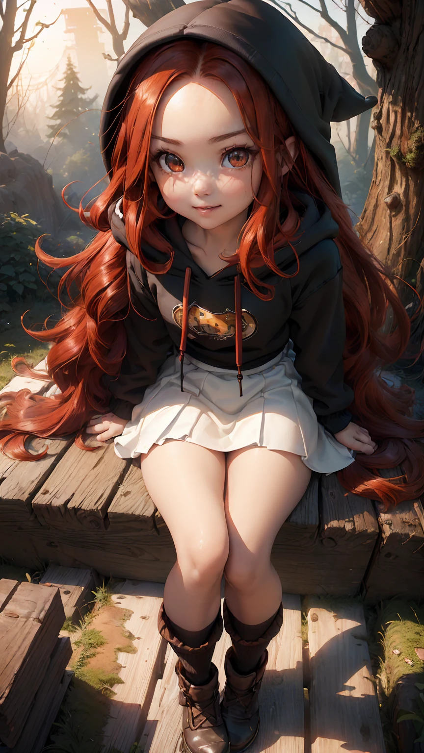 Young girl, (8 years old), (little body, small height), (petite girl: 1.35), (adorable face), (big forehead: 1.2), she has a long flowing hair, (red hair: 1.5), (long hair: 1.35), asian features, (brown eyes: 1.5), bright eyes, brown light eyes, (white skin: 1.35), beautiful detailed eyes, cute young girl, (flat chest: 1.35), (((wearing black skirt, a baggy black hoddie and Over-the-knee socks))), high quality clothes, high resolution, (detailed clothes), (loose hoddie: 1.35), (autumn forest, sunset, warm light background))), cute, daring girl, (detailed background), (full detailed 8k), (perfectly detailed face), (enhance anatomy), vfx, highres, sharp, focus, (photorealistic artwork: 1.35), (extremely detailed CG unity 8k wallpaper), (((vibrant colors, vibrant theme))), (dynamic pose: 1.5), cool vibes, fashion girl, happy, flirting expression, coquette, (playful attitude), smiling, happy, adorable small girl, joyful girl