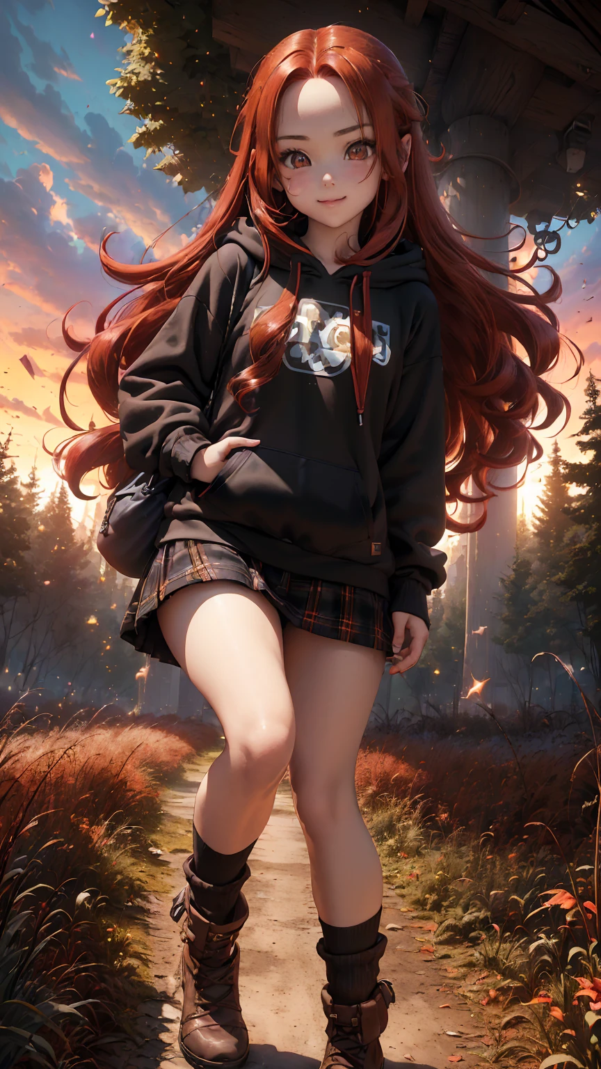 Young girl, (8 years old), (little body, small height), (petite girl: 1.35), (adorable face), (big forehead: 1.2), she has a long flowing hair, (red hair: 1.5), (long hair: 1.35), asian features, (brown eyes: 1.5), bright eyes, brown light eyes, (white skin: 1.35), beautiful detailed eyes, cute young girl, (flat chest: 1.35), (((wearing black skirt, a baggy black hoddie and Over-the-knee socks))), high quality clothes, high resolution, (detailed clothes), (loose hoddie: 1.35), (autumn forest, sunset, warm light background))), cute, daring girl, (detailed background), (full detailed 8k), (perfectly detailed face), (enhance anatomy), vfx, highres, sharp, focus, (photorealistic artwork: 1.35), (extremely detailed CG unity 8k wallpaper), (((vibrant colors, vibrant theme))), (dynamic pose: 1.5), cool vibes, fashion girl, happy, flirting expression, coquette, (playful attitude), smiling, happy, adorable small girl, joyful girl