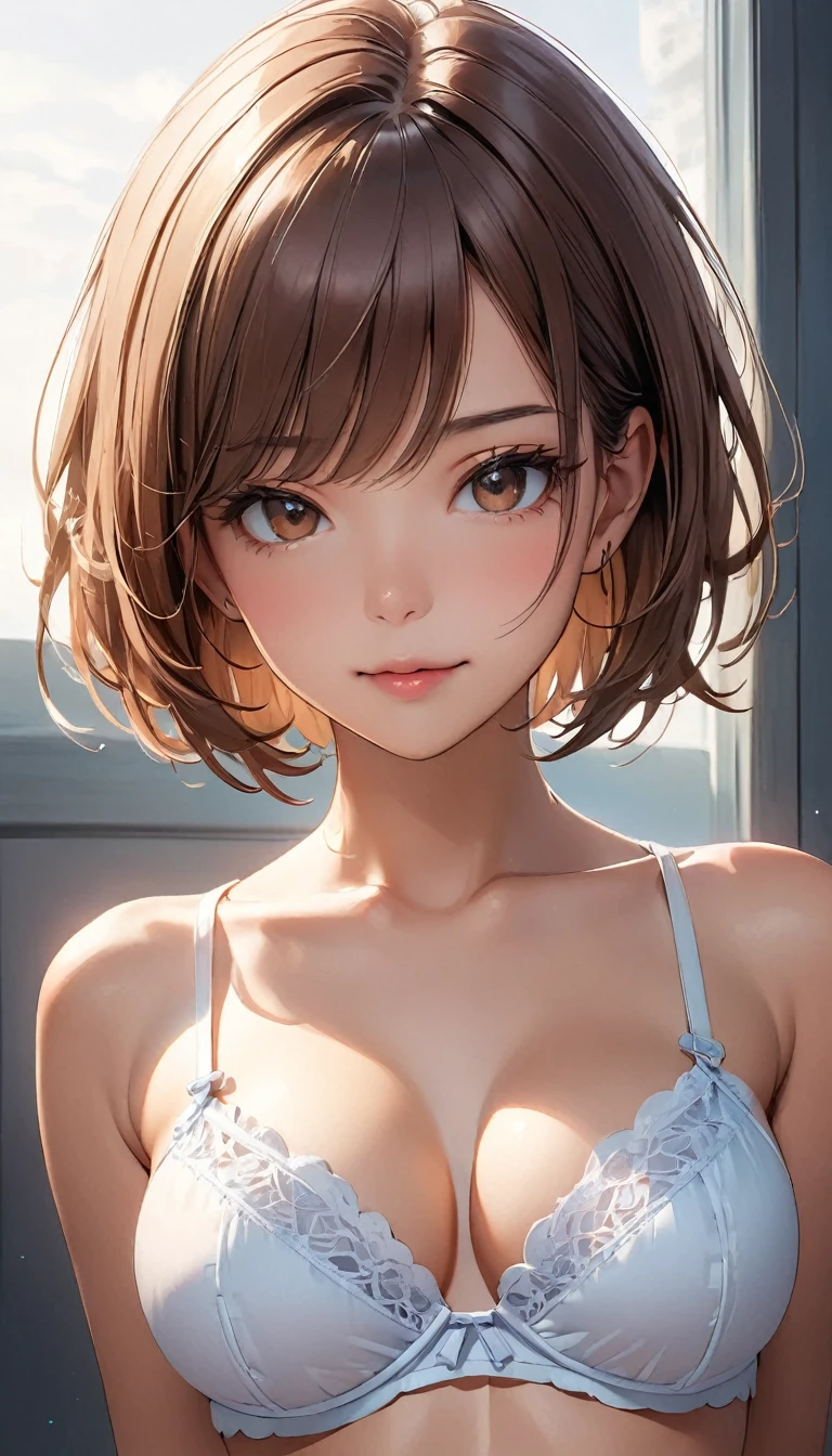 Very detailed, beautiful, Highest quality, Professionally taken photos, short hair, underwear, Brown Hair, Face Shot Up