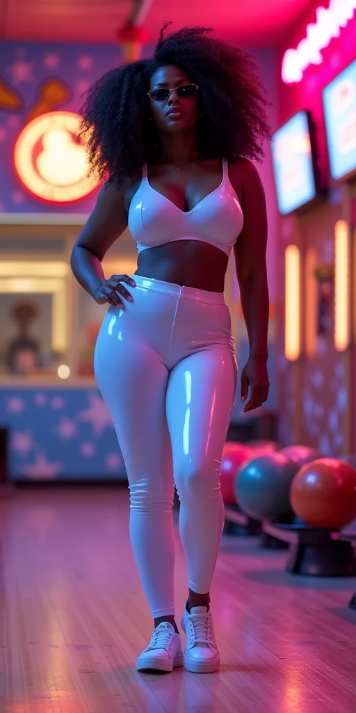 MASSIVE BUTTOCKS, white plastic leggings, UHD, She's a dark skin melanin Queen with thin waist, ggrunge bowling alley, no nudity