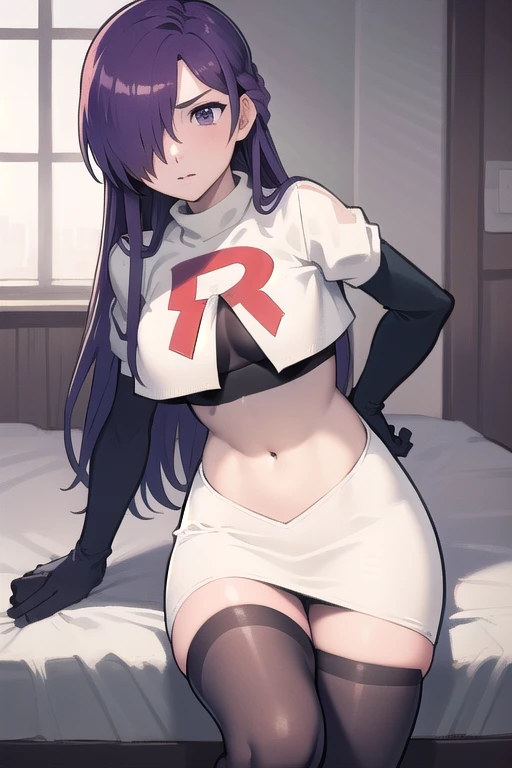 masterpiece, best quality, shez, hair over one eye, looking at viewer, team rocket,team rocket uniform,white skirt,red letter R,crop top,black thigh-highs,black elbow gloves