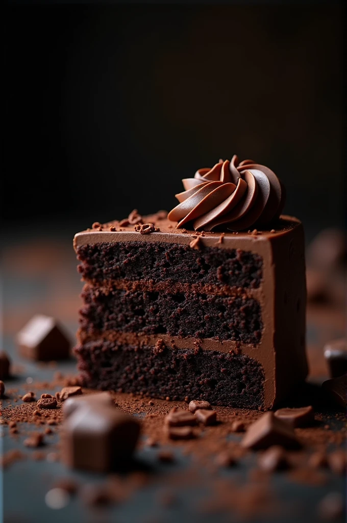 cinematic film still chocolate, chocolate cake, dark background, quality photo, moist texture, frosting, studio photo, slice . shallow depth of field, vignette, highly detailed, high budget, bokeh, cinemascope, moody, epic, gorgeous, film grain, grainy