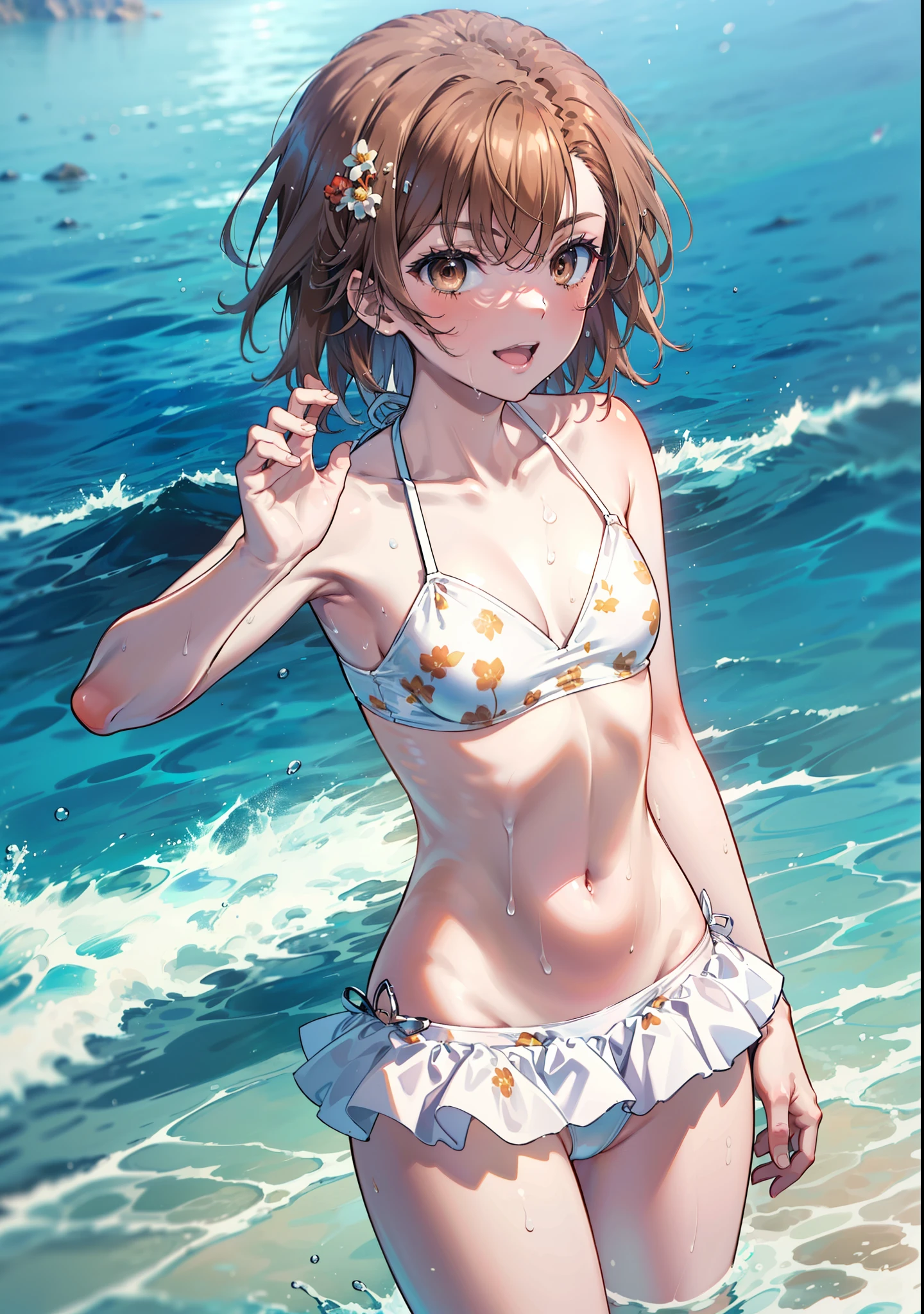 Mycotrose, Brown eyes,Brown Hair,short hair,One side up,Flower Hair Ornaments,smile,Small breasts,Open your mouth,White floral print bikini swimsuit with frills,barefoot,Wet Hair,Wet swimsuit,Wet Skin,Water Play,Daytime,sunny,True Summer, break outdoors, Ocean,Beach, break looking at viewer, whole body, (Cowboy Shot:1. 5) break (masterpiece:1.2), Highest quality, High resolution, unity 8k wallpaper, (shape:0.8), (Beautiful attention to detail:1.6), Highly detailed face, Perfect lighting, Extremely detailed CG, (Perfect hands, Perfect Anatomy),