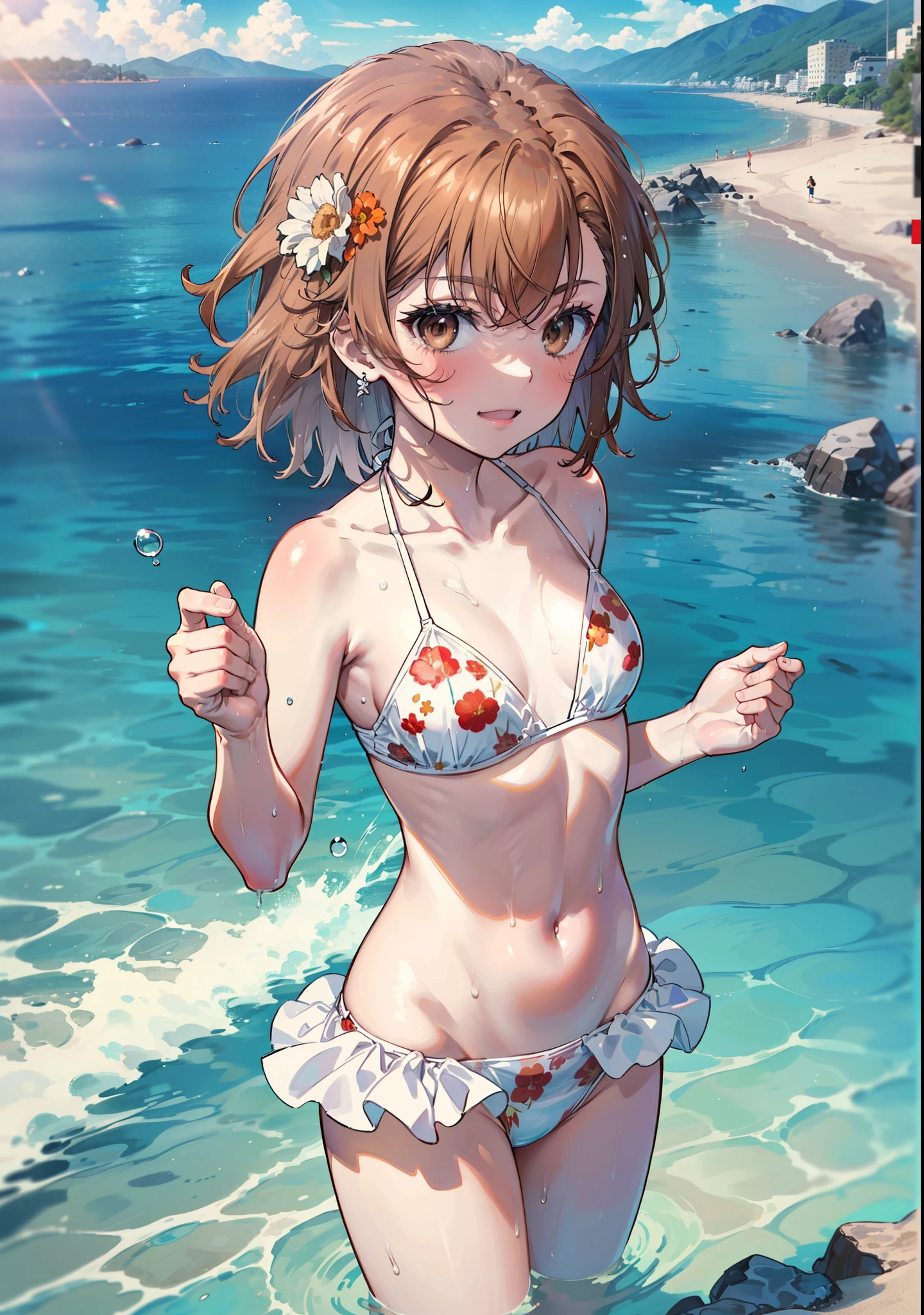 Mycotrose, Brown eyes,Brown Hair,short hair,One side up,Flower Hair Ornaments,smile,Small breasts,Open your mouth,White floral print bikini swimsuit with frills,barefoot,Wet Hair,Wet swimsuit,Wet Skin,Water Play,Daytime,sunny,True Summer,　　　　　　　　　　　　　　break outdoors, Ocean,Beach, 　　　　　　　　　　　　　break looking at viewer, whole body, (Cowboy Shot:1. 5) 　　　　　　　　break (masterpiece:1.2), Highest quality, High resolution, unity 8k wallpaper, (shape:0.8), (Beautiful attention to detail:1.6), Highly detailed face, Perfect lighting, Extremely detailed CG, (Perfect hands, Perfect Anatomy),