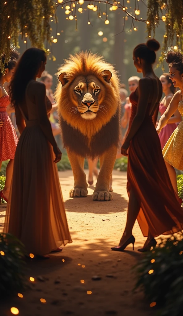 in the background women dancing and the two women in the foreground look at the lion