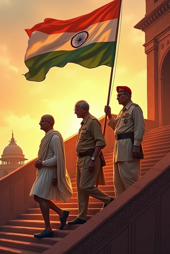 Side pose of Mahathma gandhiji, nethaji and Ambedkar walking on staircase by holding hands while gandhiji holding indian flag