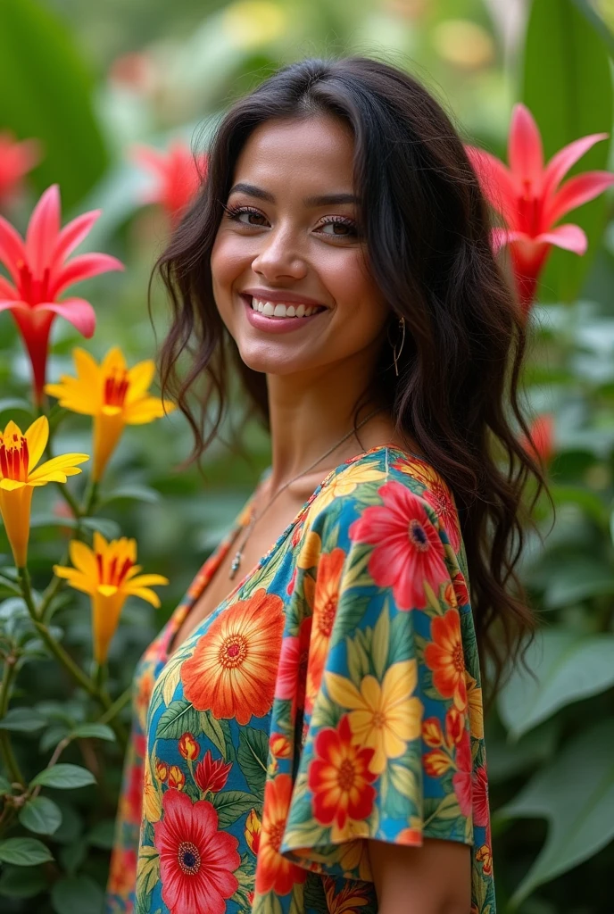 A Brazilian woman in a lush tropical garden, wearing an open shirt with a floral print, with a close-up capturing the harmonious beauty between her breasts and the natural flowers, showing off your natural charm and outgoing personality.