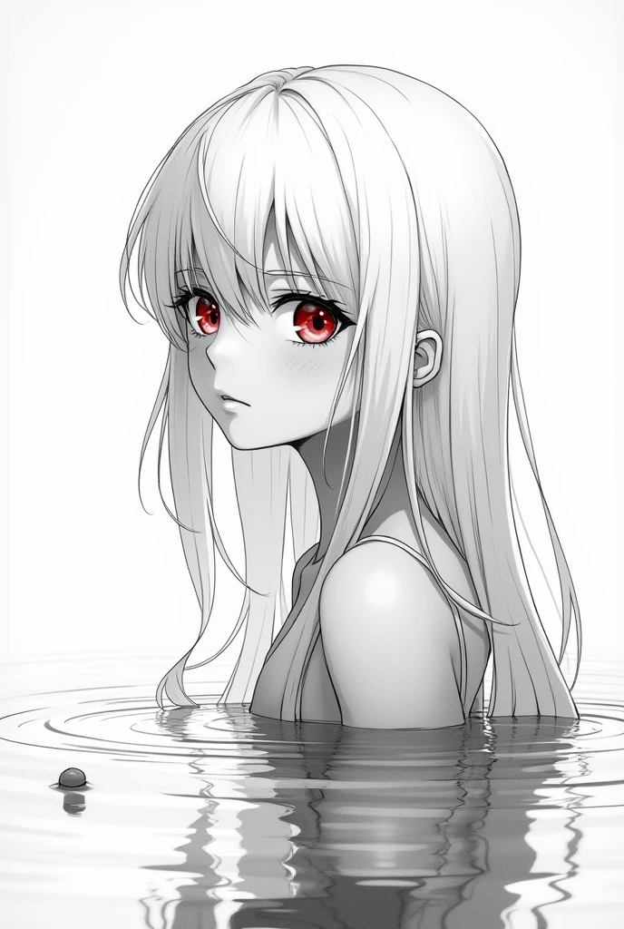 Jacques prevert black and white illustration art, illustration of a beautiful girl, an body, beautiful face, thin lips, a white very long hair, ruby eyes, melancholy, perspective - the reflection of a face in the water, line draw, white simple background, masterpiece, anime style --ar 2:3 --stylize 50