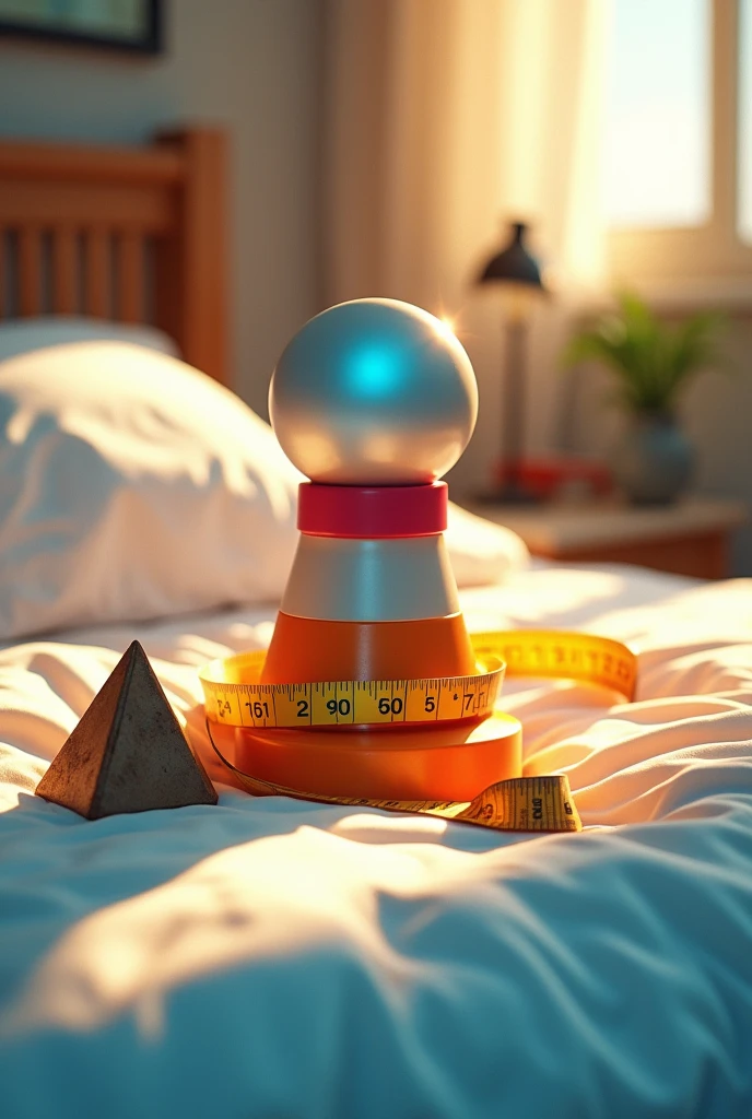 Image where a small sphere appears, a pvc pipe, a football cone, A small pyramid and a meter of construction, all of that on top of a bed.