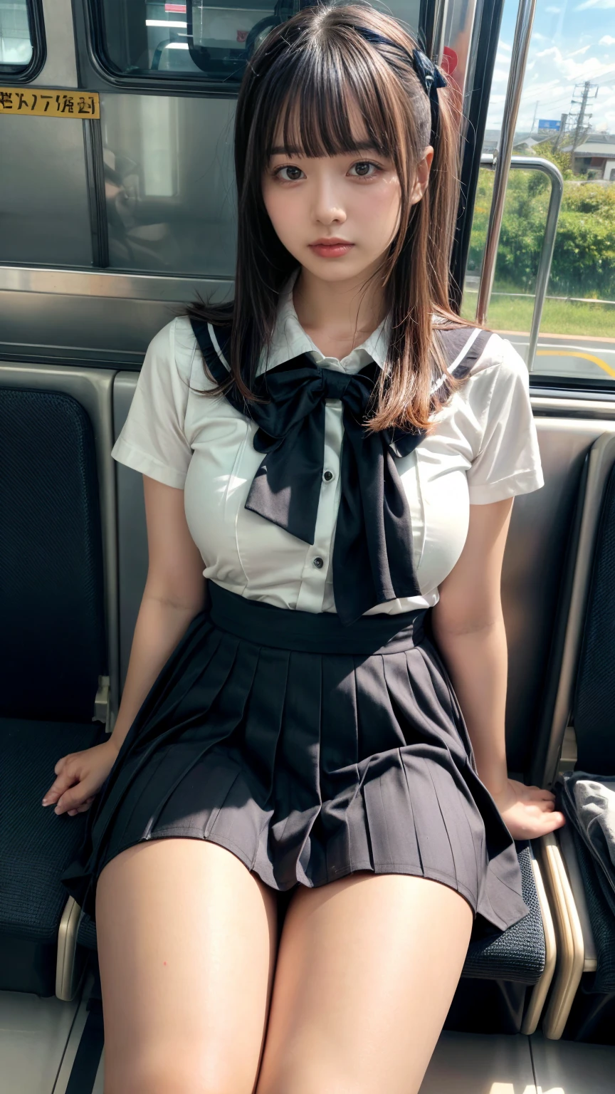 masterpiece, best quality, illustration, Super detailed, fine details, High resolution, 8K,wall paper, perfect dynamic composition,(Details High quality, realistic depiction of eyes:1.3), Black Sailor Uniform, serafuku, Navy pleated skirt, sitting, open legs, short bob hair, Sitting on a train in Tokyo, deep on field, large breasts, black hair color, Big Natural Color Lip, (perfect body shape), crying a little、Harajuku style、20 year old girl、cute type、beautiful legs, Gravure Idol