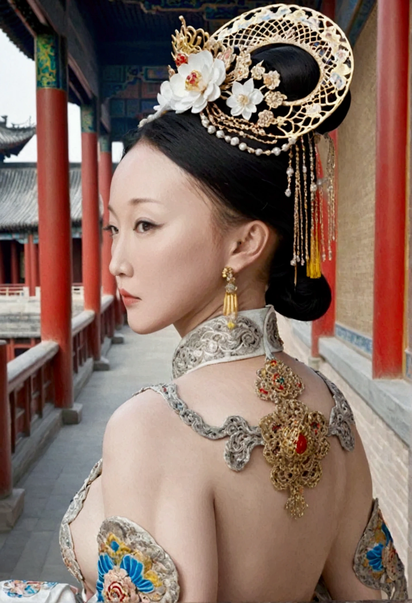 A Qing Dynasty empress, naked from the waist up, is shown in profile with her buttocks protruding, outside a Qing Dynasty palace.