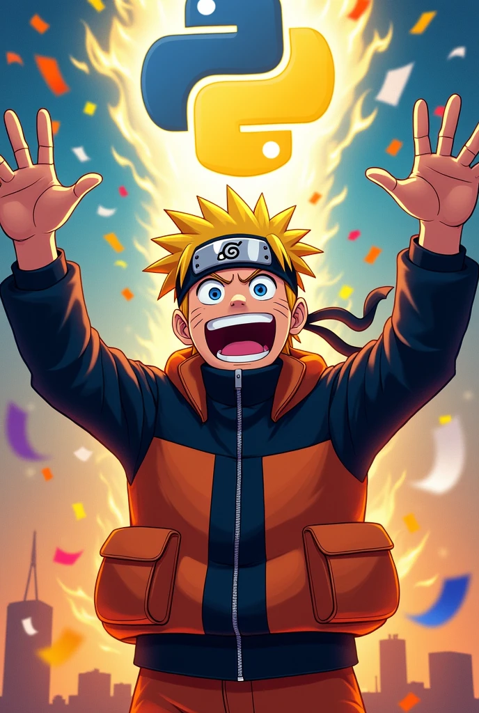 Generate a image for a programmer who has learn python programming language and want to announce in anime style as he's greatest anime fan especially python, so the image would containing Naruto announcing new Jutsu excitingly and on top uee python programming language logo