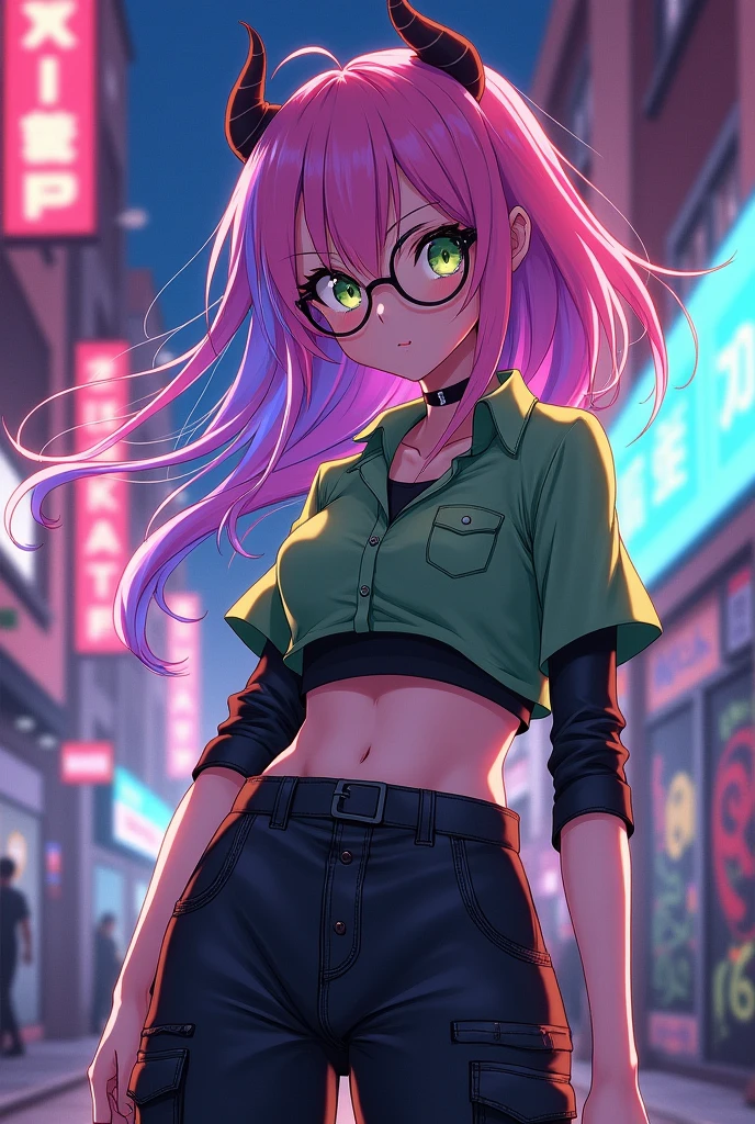 girl with colorful hair, reddish skin, round glasses and small black horns wearing a short green shirt, a black blouse on top and black cargo pants anime version.