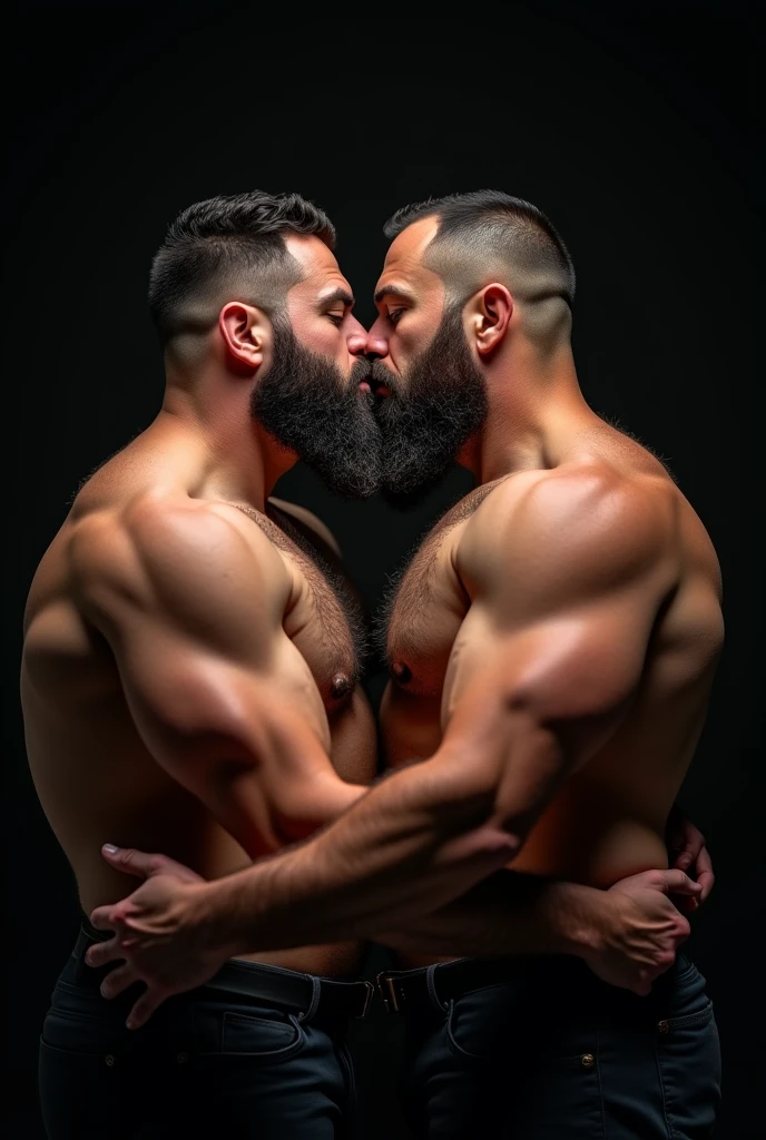 "8KUHD Very Realistic Very Detailed High Quality Create a professional studio-style photograph featuring two 45 year old men, burly, hairy, beared big daddy bear, and very realistic detailed rugged man and his husband in boxers. beards, very realistic hair, very realistic beards, very realistic thick chubby neck, very realistic neck details, very realistic neck lines, very realistic belly, very realistic chest, very realistic strong chest and arms, very realistic hairy chest and arms, very realistic pecs, very realistic burly body, very realistic nipples, very realistic burly body, very realistic face, very realistic eyes, very realistic nose, very realistic ears, very realistic features, very realistic arms, very realistic hands, very realistic wrists, very realistic fingers, very realistic fingernails, very realistic shoulders, very realistic mouth, very realistic lips, very realistic detailed skin, very realistic skin, very realistic mens clothing, very realistic detailed mens clothing. A very realistic man and his husband are kissing each other, very realistically kissing each other, in a very realistic romantic and virile scene. Very Realistic Intricately Detailed, Utilize all appropriate lighting techniques for studio photography. The background should be black." No Deformities, HDR