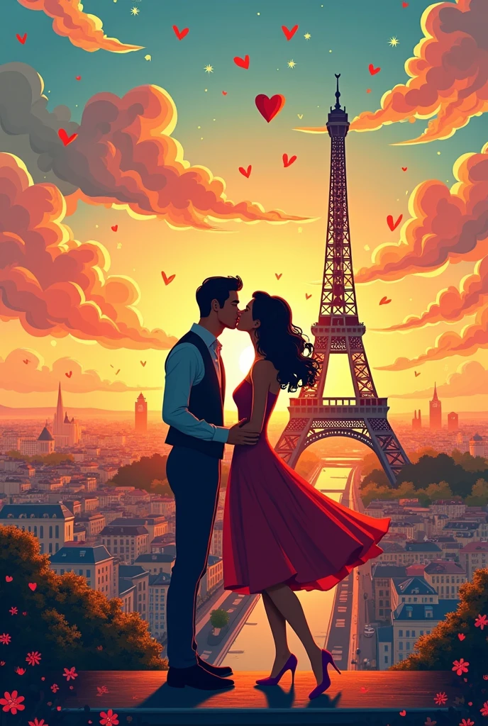 Couple kissing in the city of Paris France in front of the Eiffel Tower in a surreal image like a classic strip