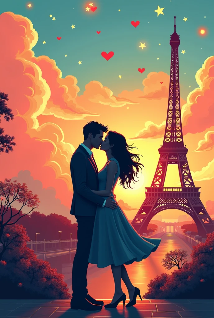Couple kissing in the city of Paris France in front of the Eiffel Tower in a surreal image like a classic strip