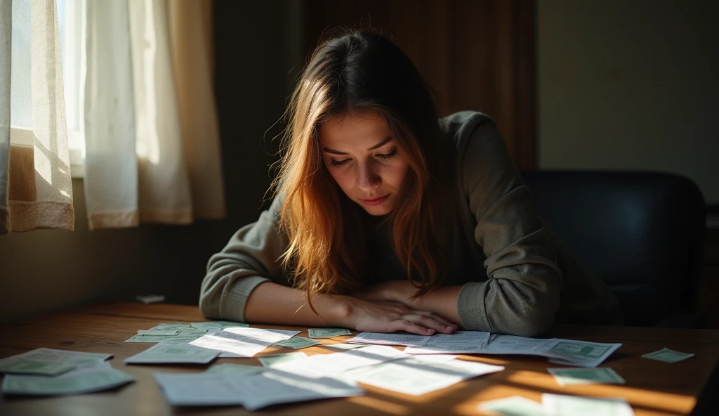 a 25 year old woman with brown hair, sad, several bills on the table and on the floor, bill to pay