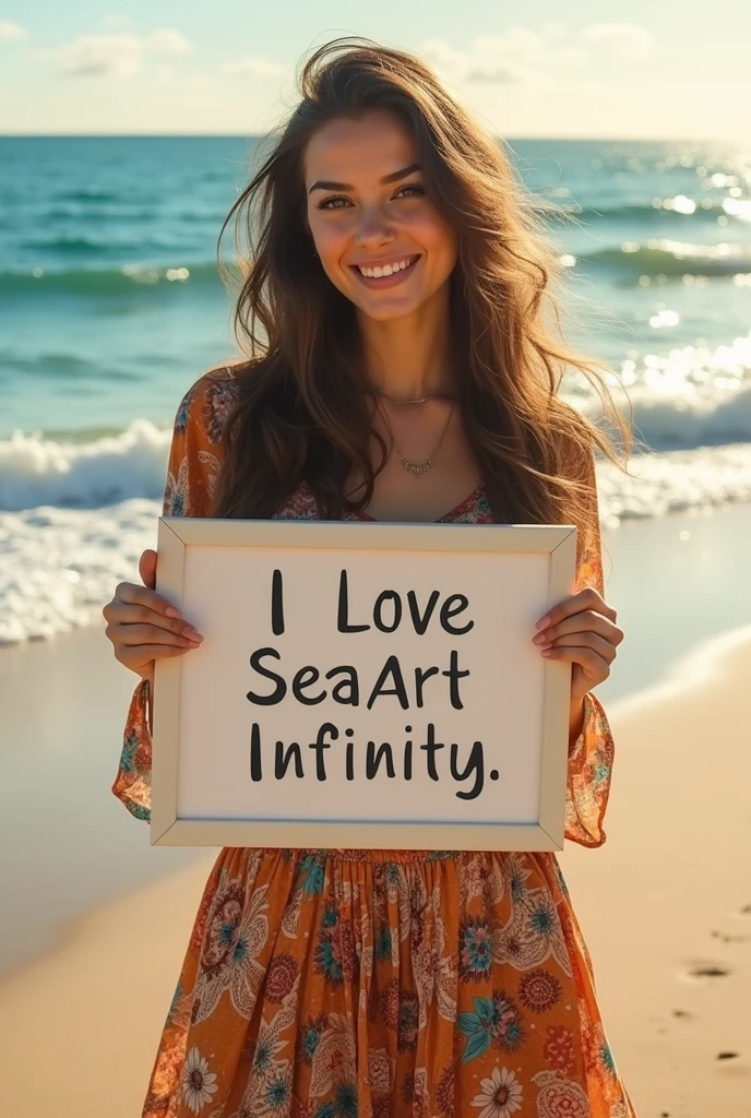 Beautiful girl with wavy long hair, bohemian dress, holding a white board with text "I Love Seaart Infinity" and showing it to the viewer