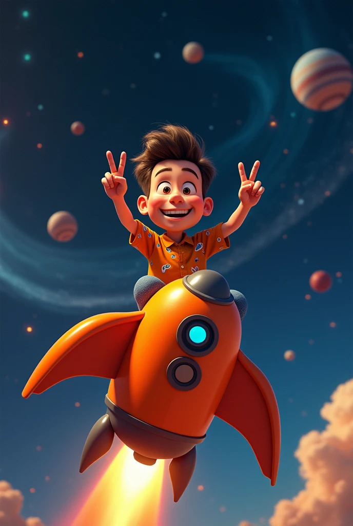 create a man with an orange shirt sitting on top of an orange space rocket with blue, making victory sign with fingers. Pixar-style