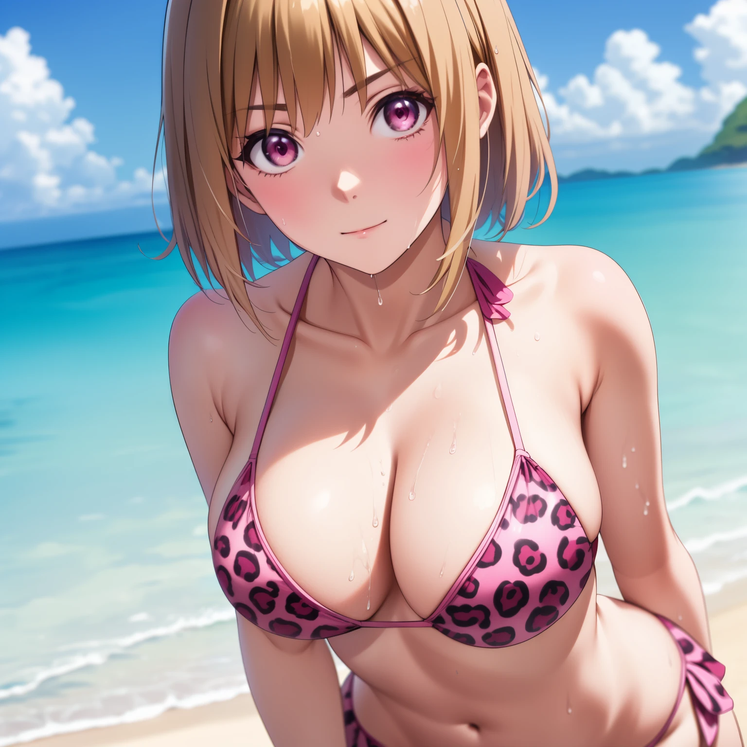 Kikyou Kushida. Woman 25 years old. short brown blonde hair. pink eyes, smug look, big breasts, pink leopard print bikini, background a tropical beach, wet body, drops of water on his chest. wet body.