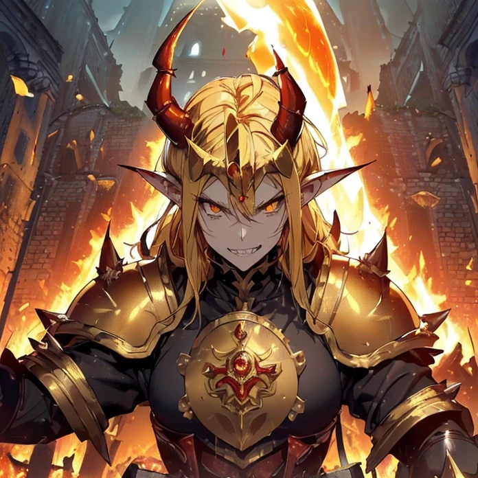 (High Resolution, HD, High Quality), (Super Detailed, High Details), (Masterpiece), (Anime, Anime Style), (Character Design), high fantasy, epic dark demonic fantasy)(detailed background)(chaos)
{{evil demon prince:(((red demon head, spiky yellow teeth, muscular neck, pointy demon ears, vampire nose, spiky jaw, evil demon smile, (golden demon armor, golden shoulder plates, golden hip armor, big fire demon sword,(fire around the castle ruins)))}}