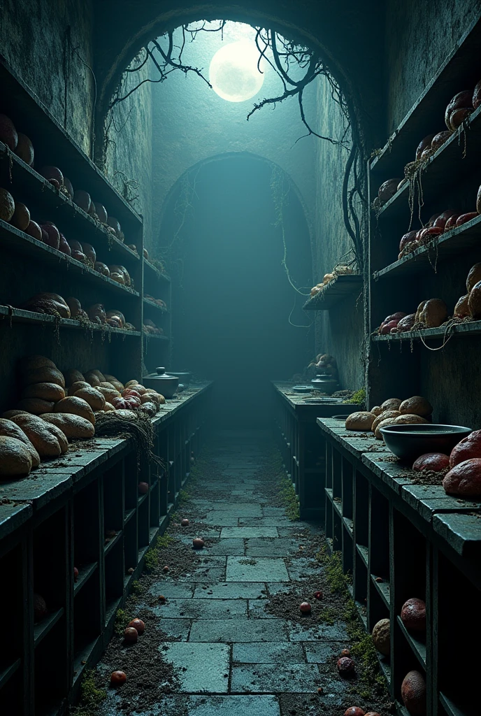 Large food room, with a dark aesthetic of a forest at night, abandoned, that is large and scary, little light and that there is dark-colored food. the creepy aesthetic and well decorated, creepy and scary