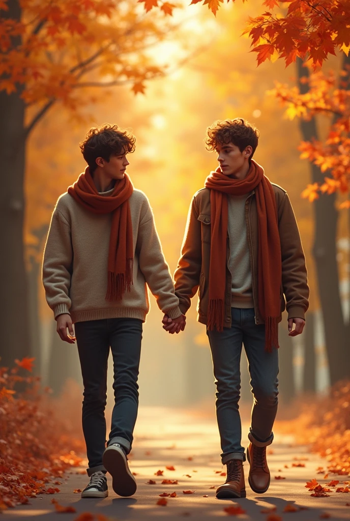 Two 18 year old teenage boys holding hands but at the same time walking away from each other, You have to wear autumn clothes. There must be many autumn trees in the background. And the weather must be autumnal. 