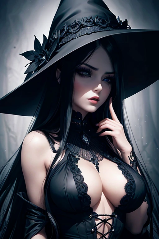 a sexy witch in a black dress, beautiful detailed eyes, beautiful detailed lips, extremely detailed face and hair, long eyelashes, dramatic black air, black witch hat, mysterious, dramatic lighting, chiaroscuro, dark fantasy, cinematic, photorealistic, 8k, high quality, intricate details, masterpiece