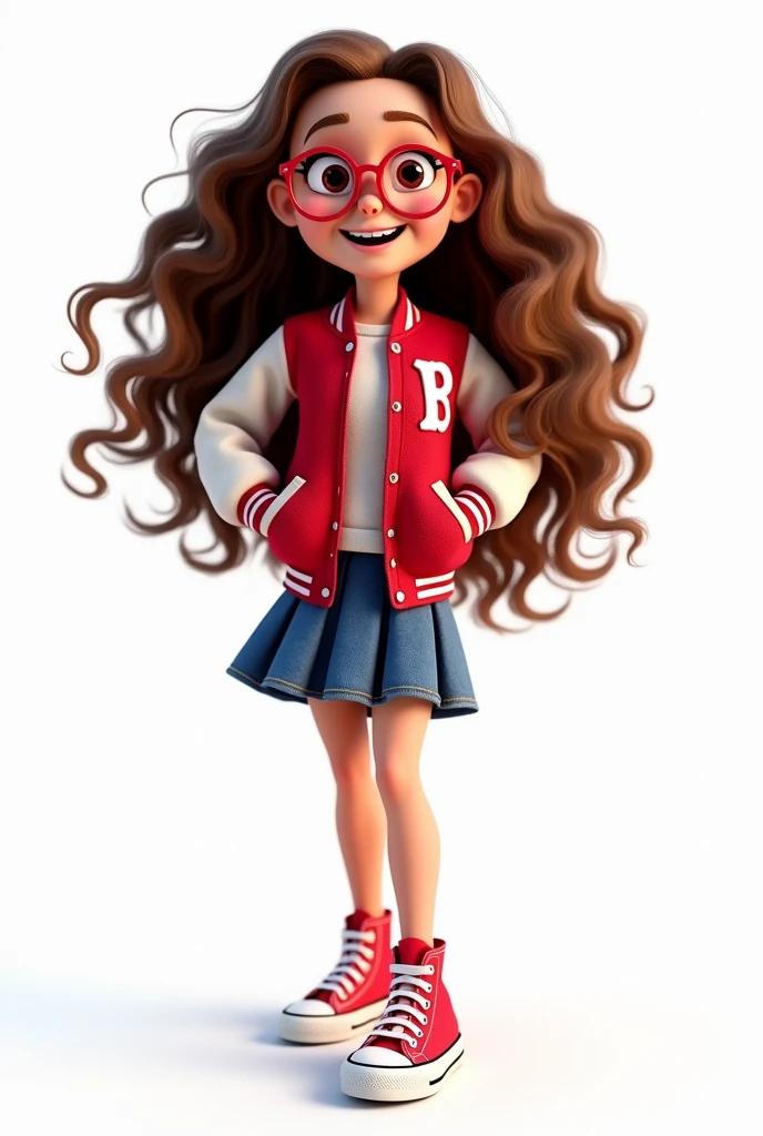 Funnily character, disney pixar style,3d,very small, with long curly brown hair, pleated denim skirt heat, red al star sneakers, red american football style jacket, with happy face, brown skin ,Round Red Glasses, white background 8k quality