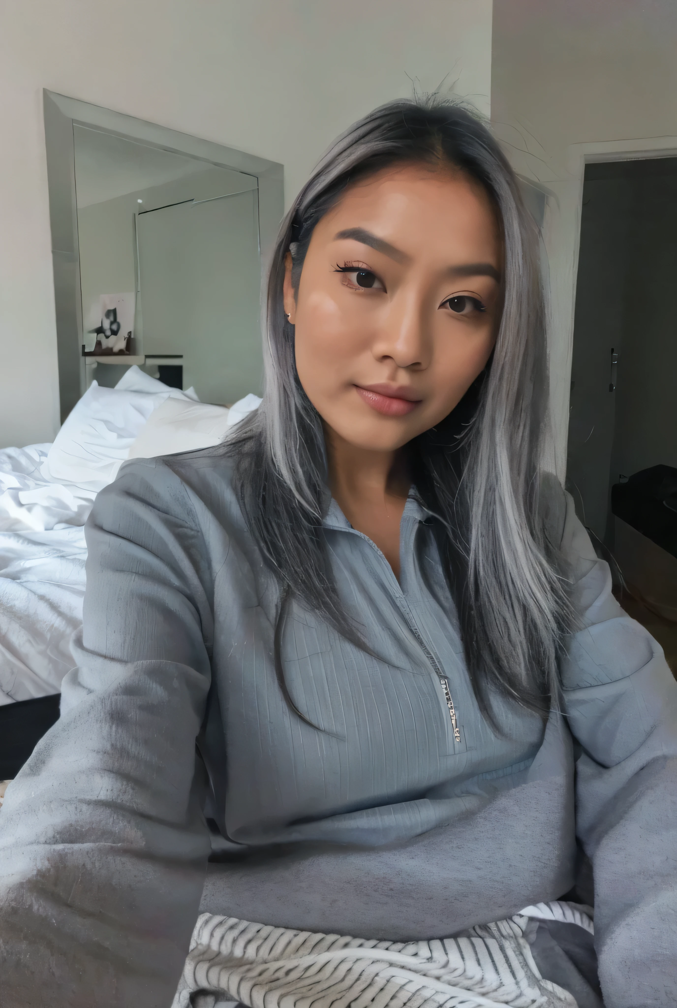 Asian  grey hair selfie in bedroom real life