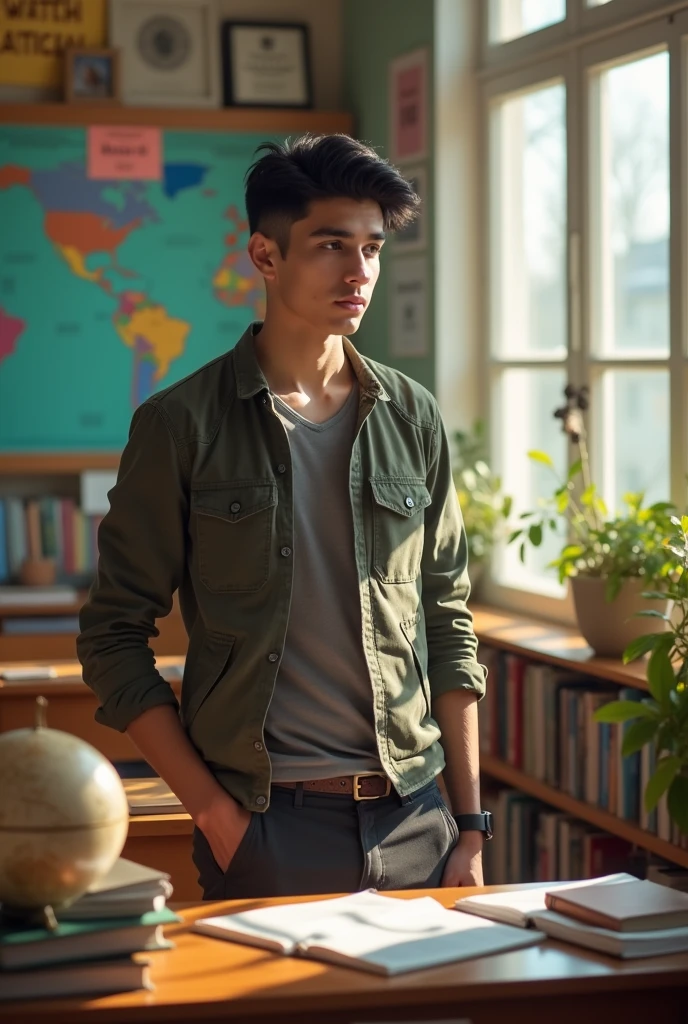 Make a strong student but not too much, This one is black-haired and doesn't wear glasses., Also handsome