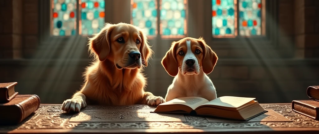 give me a couple of dog with their child next to them on a mystical temple table from the 1800s with old books nearby with their eyes slightly shining