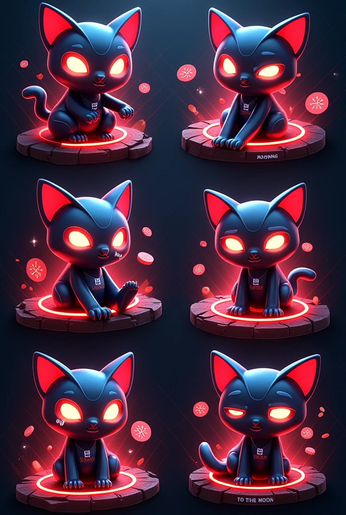 Design a set of 3D stylized stickers for the 'Trons - Tron Monsters' series featuring the Tron Cat Monster character. Each sticker should feature the Tron Cat Monster in a sleek, minimalist, and futuristic style with sharp, geometric features and glowing neon accents in red and white. The cat monster should have a mischievous grin, large, expressive eyes, and a metallic finish. Include a subtle watermark with the text "Trons" on each sticker. Sticker Emotions: Cheerful Tron Cat - Leaping forward, neon stripes glowing brightly, wearing a futuristic helmet. Text: "Mooning!" Focused Tron Cat - Standing tall, eyes narrowed, claws glowing, ready for action. Text: "Bull Run!" Sad Tron Cat - Sitting with a drooping tail, neon lights dimmed, eyes teary. Text: "Dumped." Happy Tron Cat - Dancing with coins floating around, neon stripes flashing. Text: "To the Moon!" Backgrounds: Include minimalistic, Tron-inspired backgrounds with glowing grid patterns and dark, metallic tones that complement the Tron Cat Monster's emotions and the crypto-related phrases