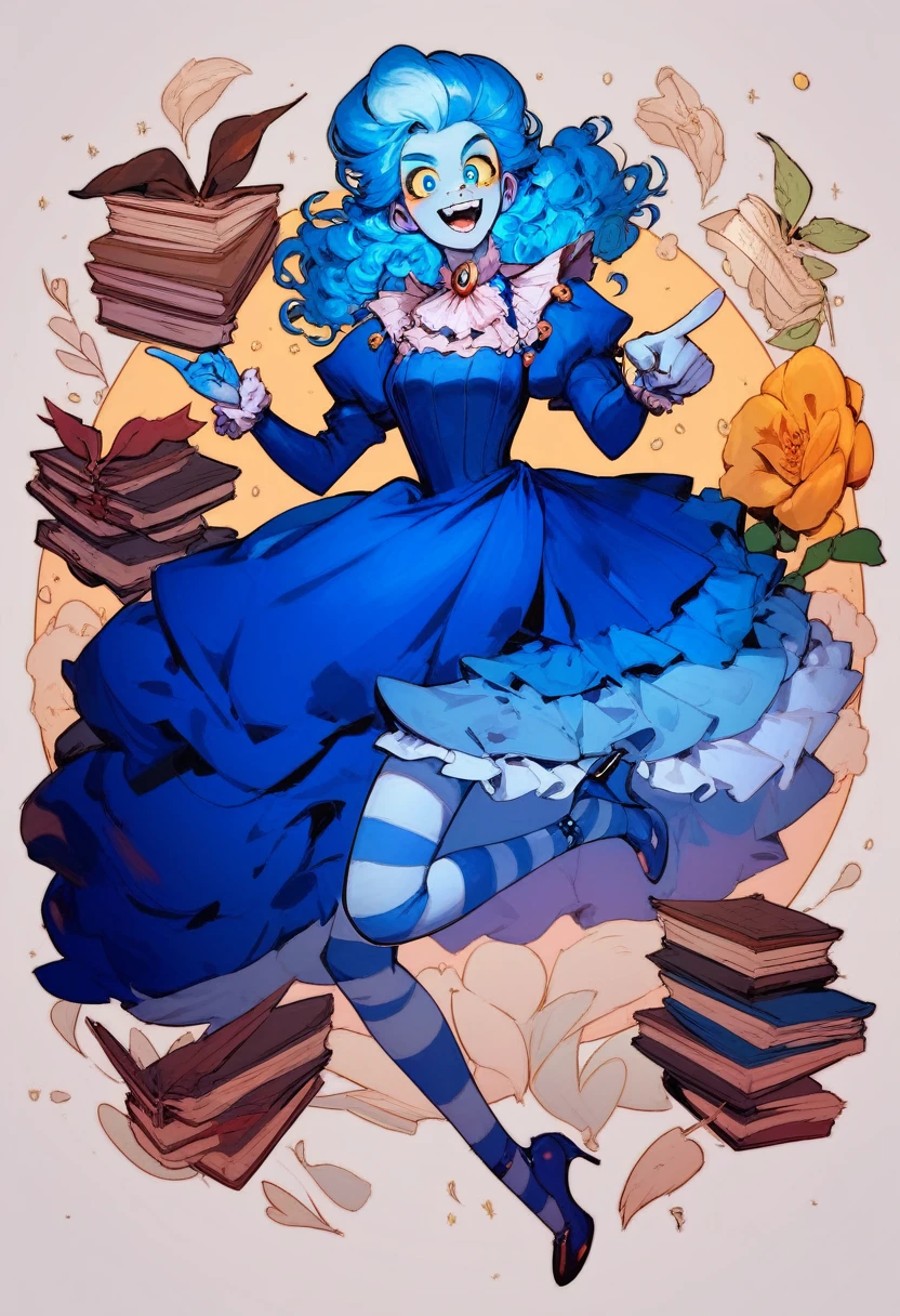 frankelda, 1girl, solo, dress, striped, blue hair, puffy sleeves, high heels, colored skin, freckles, blue striped stockings, floating around garden, evil laughing, look at viewer, victorian garden, book, book in one hand, other hand pointing right to viewer, blue eyes, glowing yellow sclera
