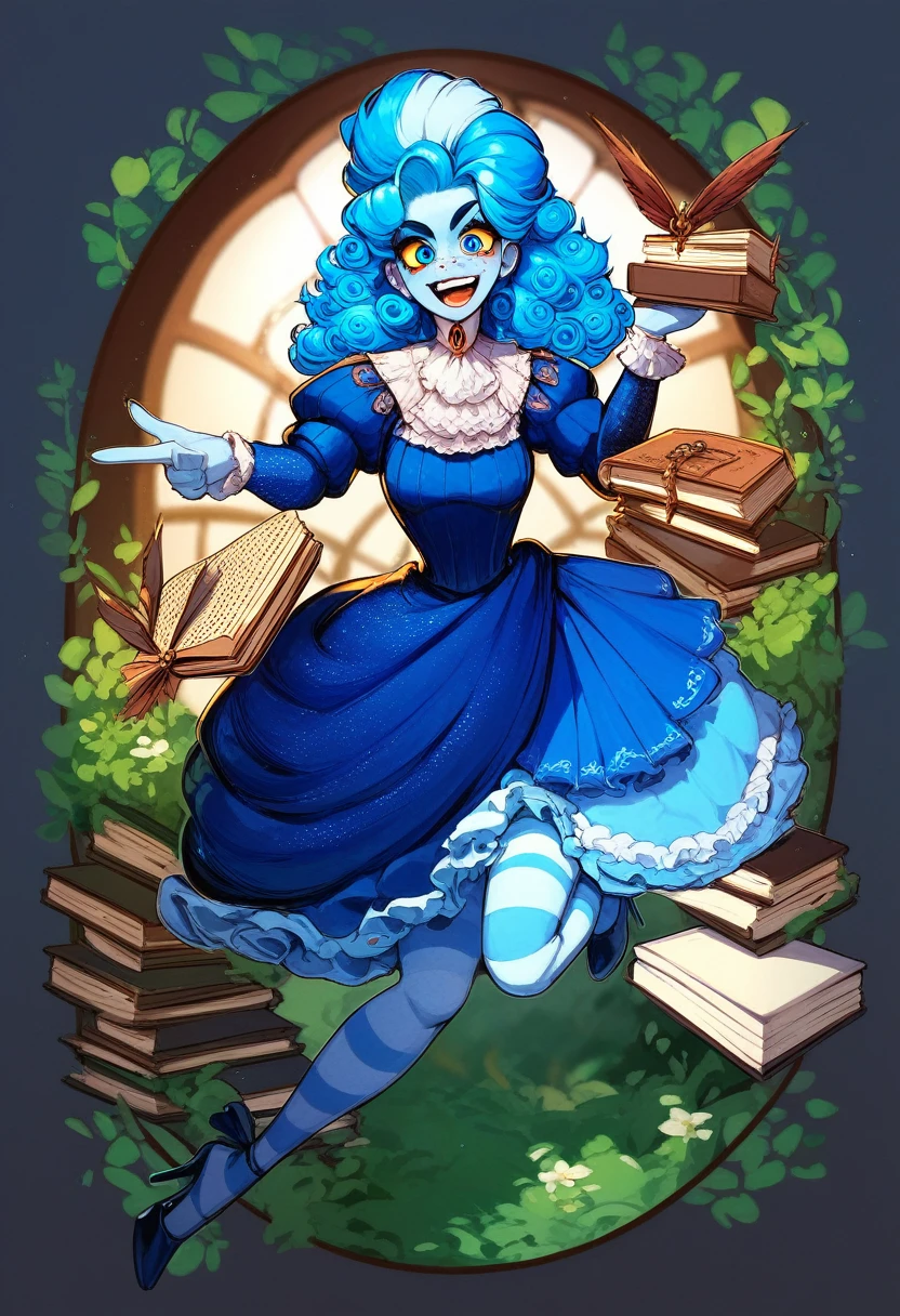 frankelda, 1girl, solo, dress, striped, blue hair, puffy sleeves, high heels, colored skin, freckles, blue striped stockings, floating around garden, evil laughing, look at viewer, victorian garden, book, book in one hand, other hand pointing right to viewer, blue eyes, glowing yellow sclera