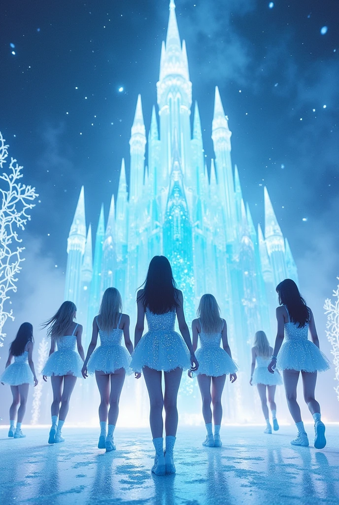 Blackpink members on the Ice stage and background is Ice Castle,blackpink members wearing light blue glittering Short dresses 